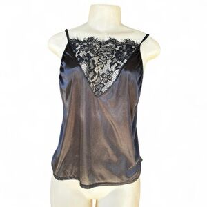 Black Satin Lace Trim Cami Tank Top